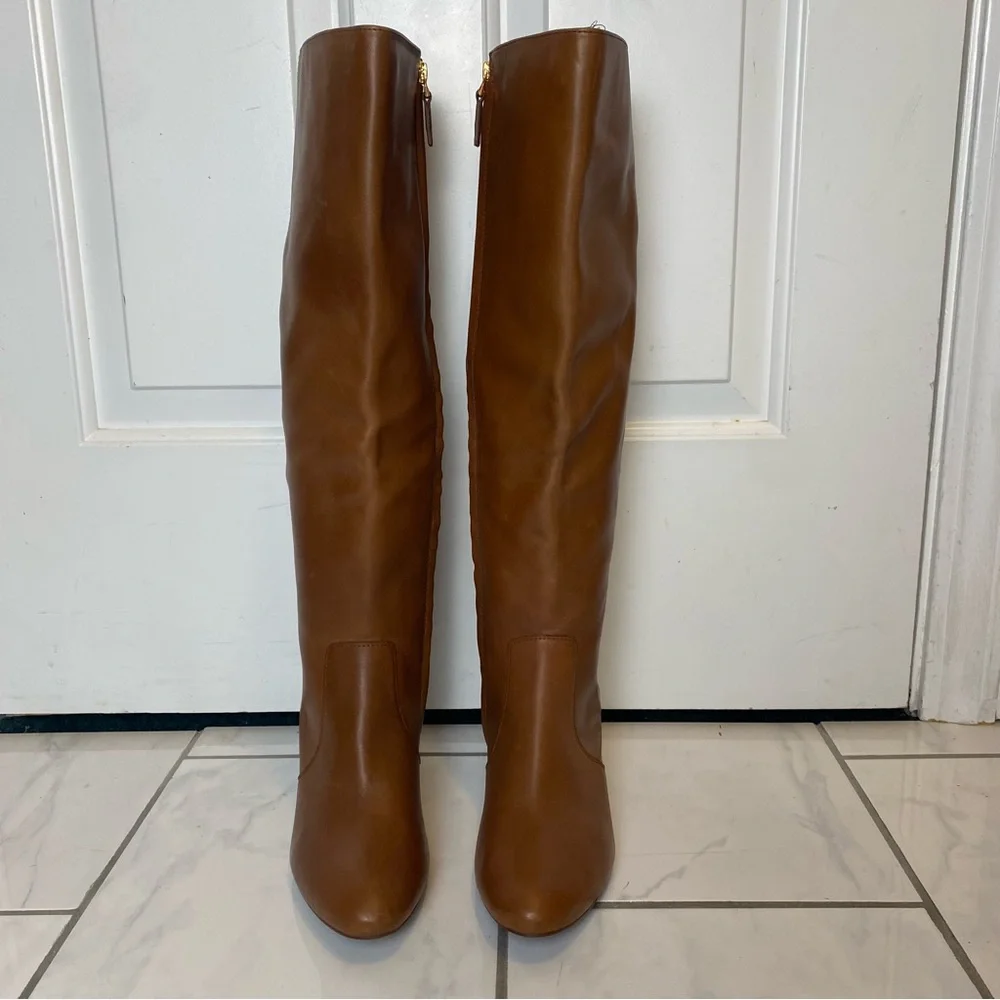 Ralph Lauren caelynn tall knee high caramel leather boots short heel 9.5 NEW - Picture 5 of 13